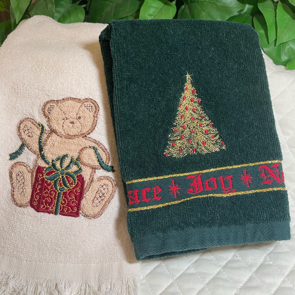 2 Christmas Towels ; One Hunter Green Finger, One Cream Face. Embroidered.